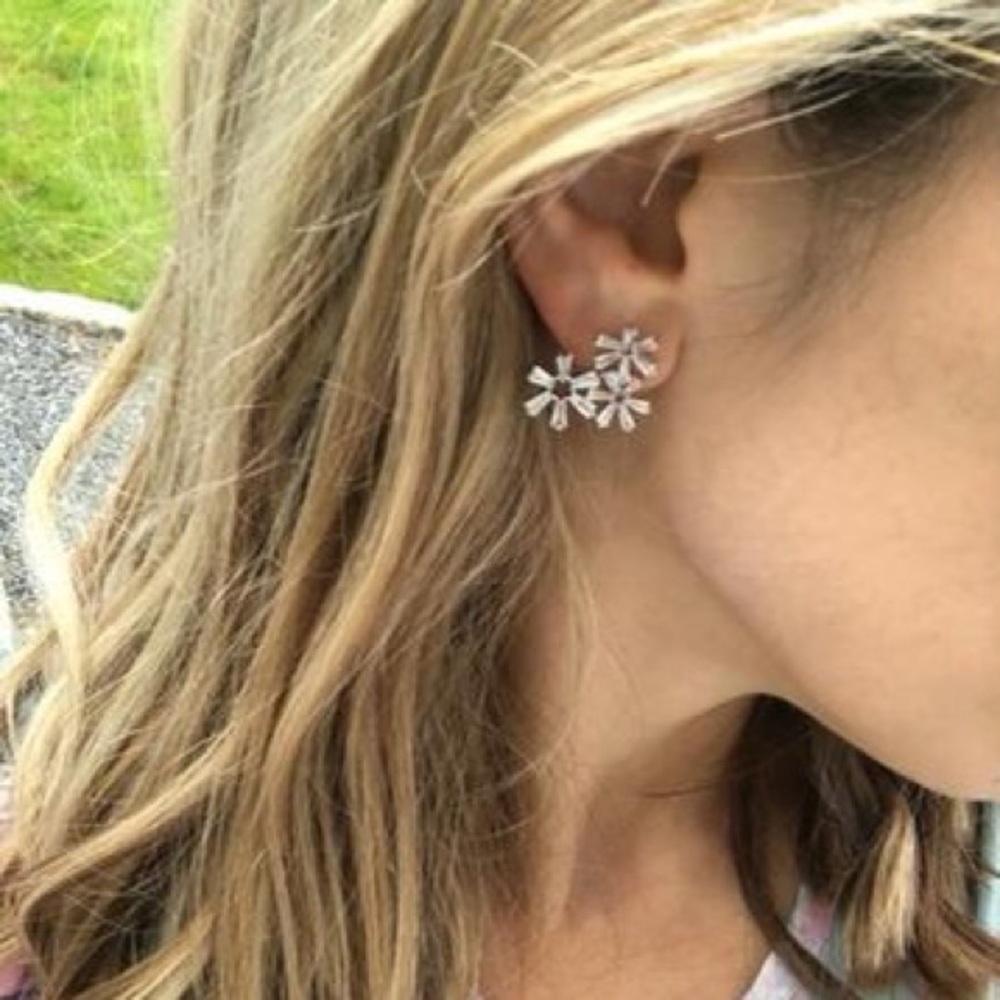 Baguette 3 Flower Stud Statement Earrings